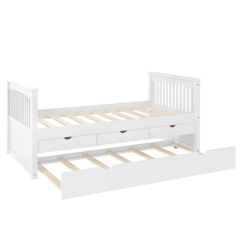 Twin Size Wooden Daybed with Trundle Bed and 3 Drawers, Solid Wood Platform Sofa Bed Frame, No Box Spring Needed
