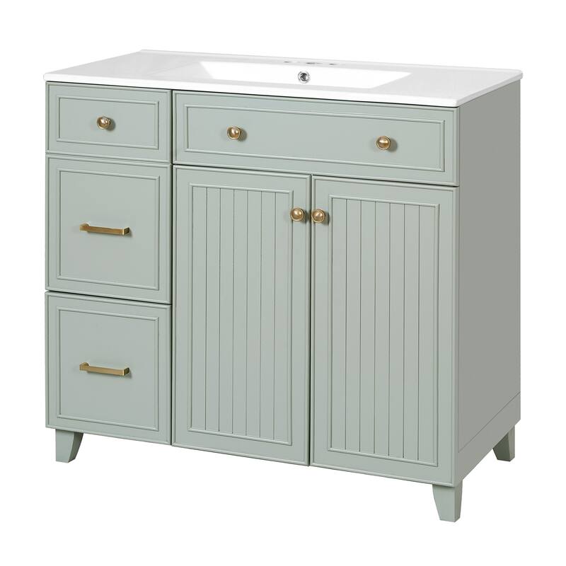 36" Bathroom Vanity with Ceramic Sink, Soft-Close Doors, Double Drawers & Adjustable Shelves - Freestanding Storage Cabinet