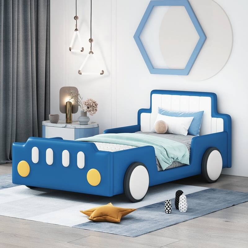 PU Leather Race Car-Shaped Platform Bed with Wheels - Blue - Twin