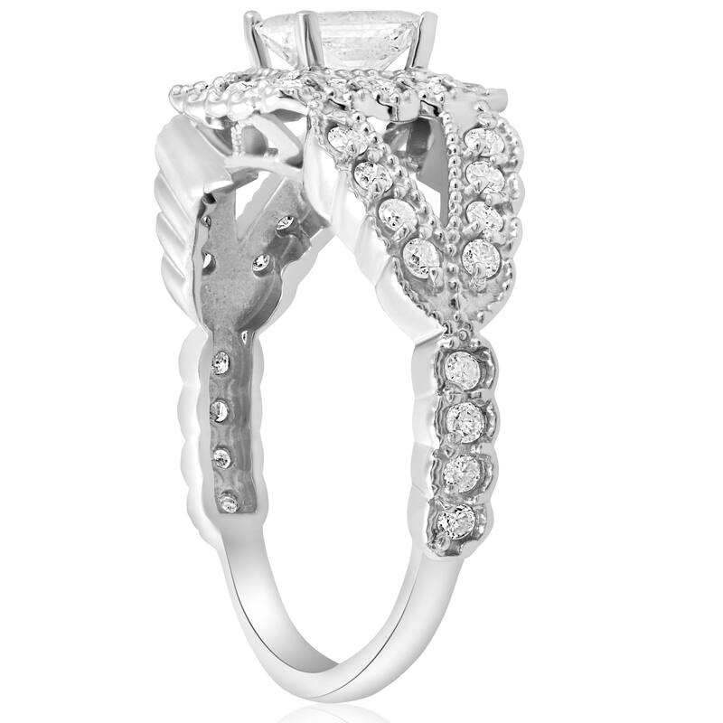1 1/10ct Princess Cut Halo Diamond Engagement Ring White Gold Vintage Antique