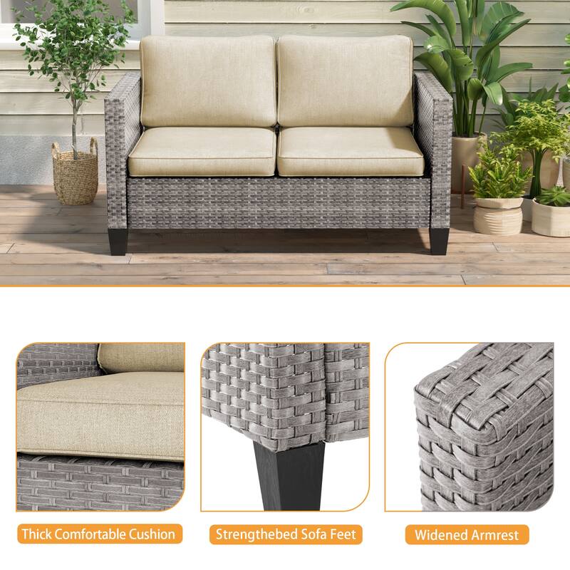 Livoosun Patio Loveseat Sofa Outdoor Wicker Couch, 2-Seater Furniture with High Back and Removable Cushions