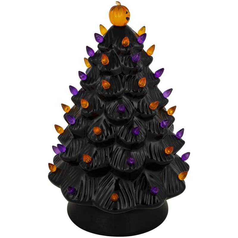 LED Lighted Ceramic Halloween Tree with Pumpkin - 14.75" - Black