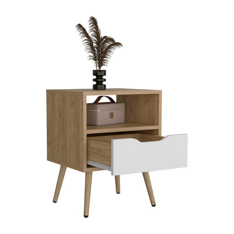 21-Inch High Nightstand with Drawer and Open Shelf, Two-Tone Design, Compact Size