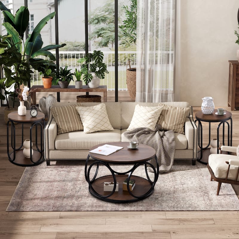 2-Tier Round Industrial Coffee Table with Metal Frame - 31.5"Dia x 18.7"H