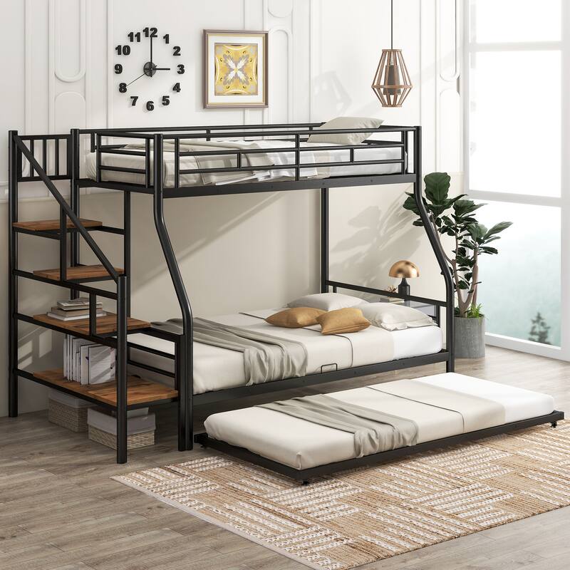 Twin Over Full Size Metal Bunk Bed with Trundle & Storage Staircase, Bedroom Heavy Duty Bed Frame with Full-Length Guardrail
