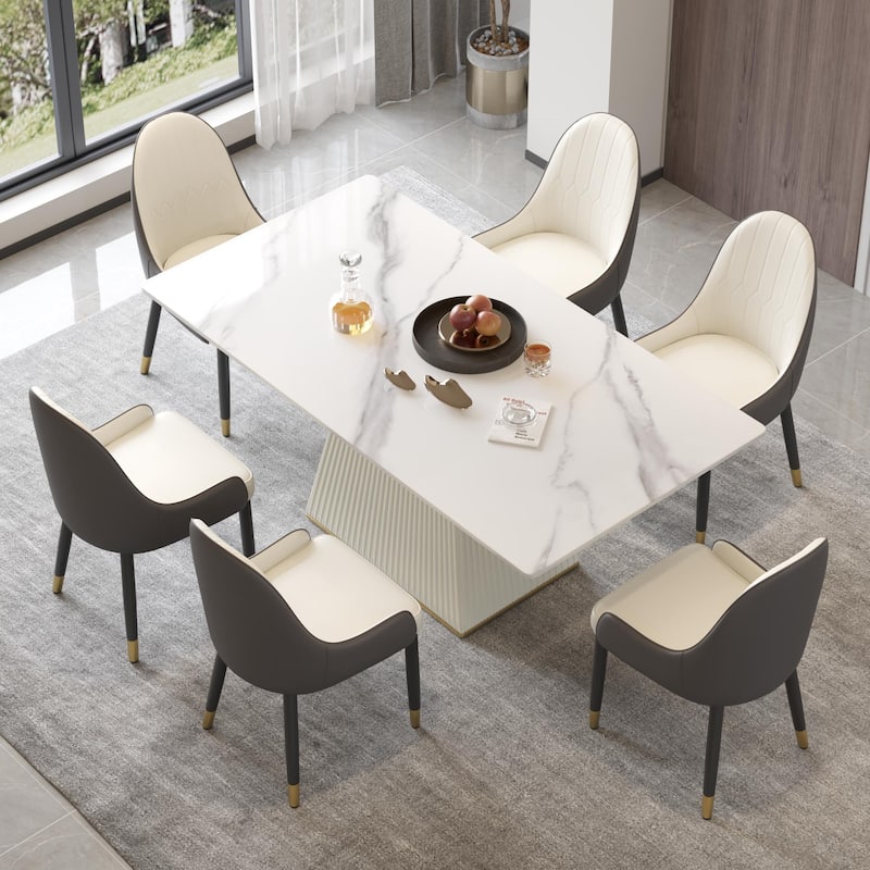 Elegant Faux Marble Dining Table Slate Panel Kitchen Table With Square Pedestal - White - 70.87"