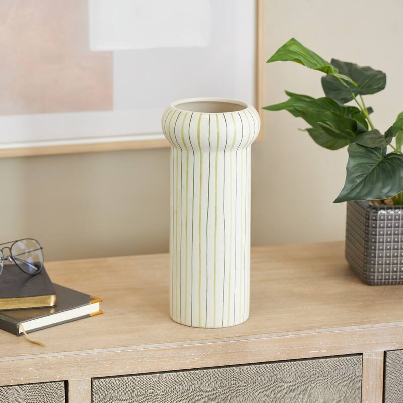 White Ceramic Round Decorative Vase with Green Linear Patterns - White
