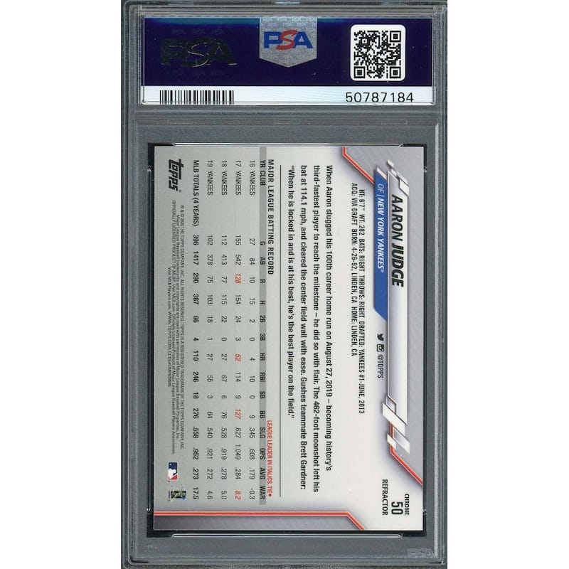 Aaron Judge 2020 Topps Chrome Refractor Baseball Card #50 Graded PSA 10 - 8'6" x 11'6"