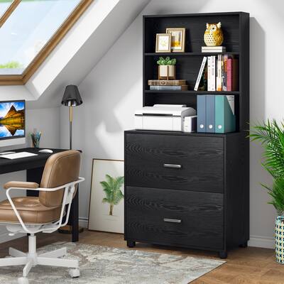 Modern Wood Vertical Filing Cabinet, Large Printer Stand with 4 Tier Storage Bookshelves and 2 Drawers fits Letter/A4 Size