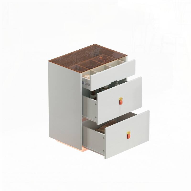 3 Storage Drawers Nightstand with Glass Top Jewelry Storage and Faux Leather Handles