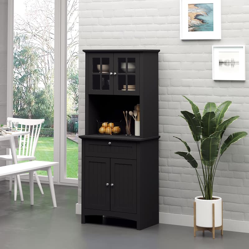 HOMCOM Kitchen Buffet Hutch Wooden Storage Cupboard with Framed Glass Door, Drawer and Microwave Space - 27"x15.75"x64.5" - Black