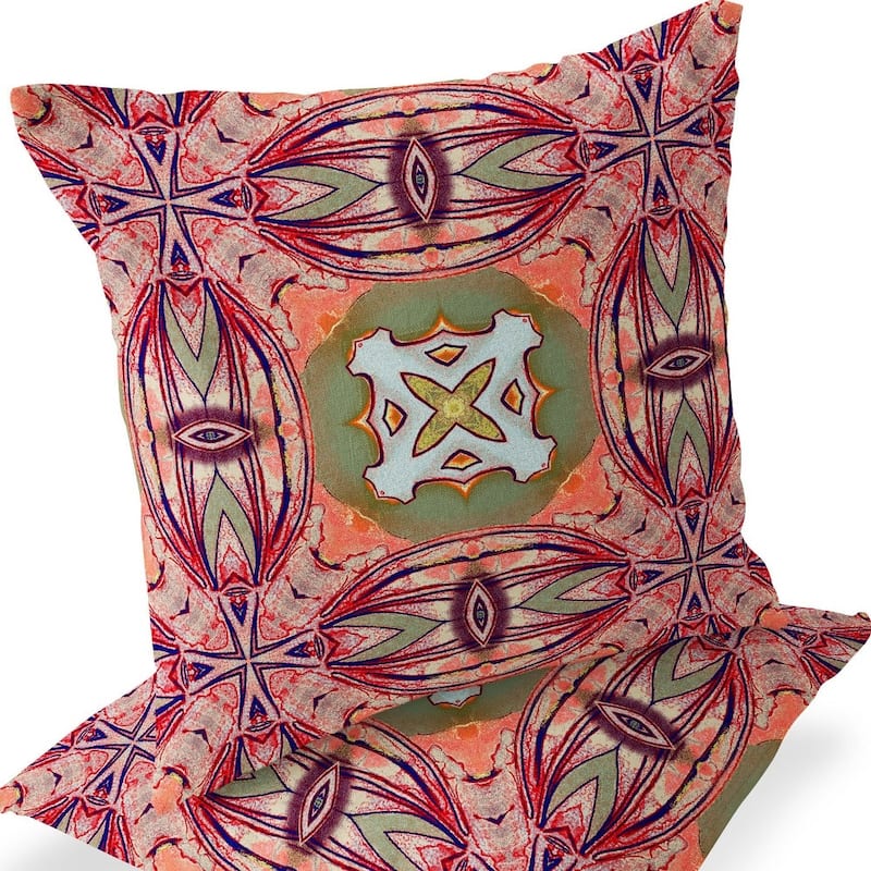 HomeRoots Set of Two 16" X 16" Green and Pink Blown Seam Floral Indoor Outdoor Throw Pillow - 16.00' X '16.00' X '5.00