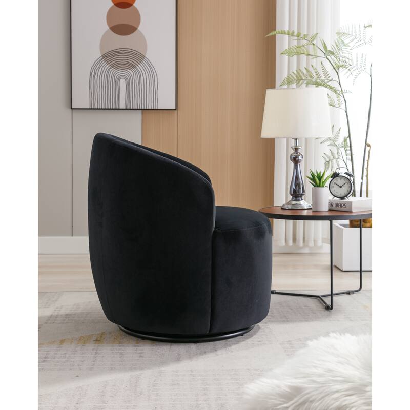 Modern Barrel Swivel Accent Chair with Metal Base, Round Velvet Upholstered Reading Chair w/ Curved Back for Living Room Bedroom