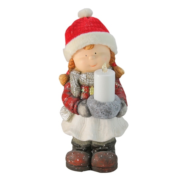 17" Red and White Winter Clad Girl Holding a Candle Tabletop Christmas Figurine