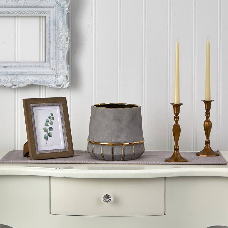 8.5" Regal Stone Decorative Planter with Gold Accents