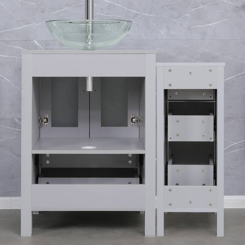 36" Bathroom Vanity Sink Gray Set with Side Cabinet Vessel Sink Mirror Faucet Combo
