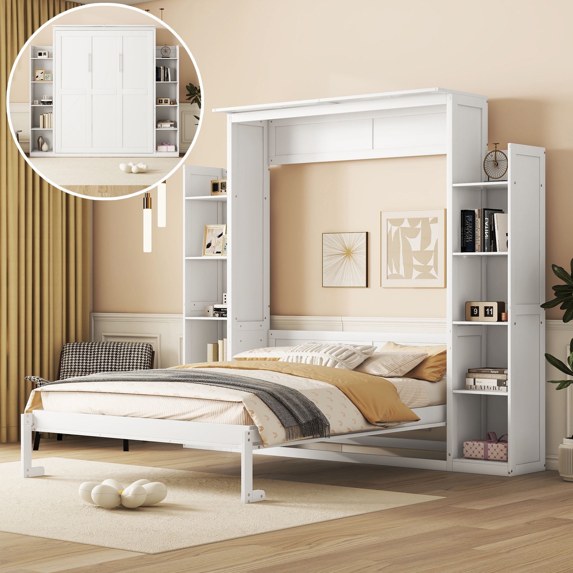 Full/Queen Murphy Bed Wall Bed with Shelves LED Lights and MDF Plywood