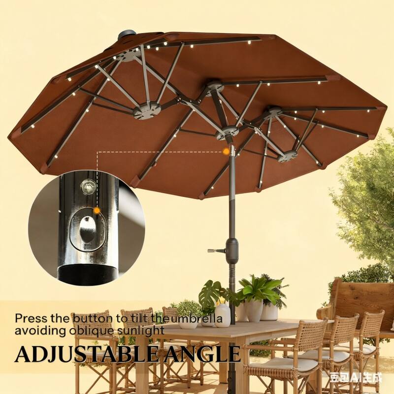 GDFStudio Outdoor Zephyra Solar-Powered Double Patio Umbrella with Tilt and Crank Design