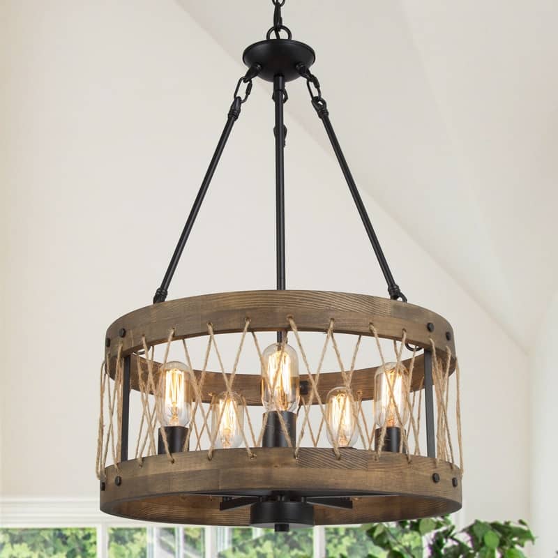 Farmhouse Wagon Wheel 5-light Drum Wooden Chandelier Island Lights - D18" * H27.5"