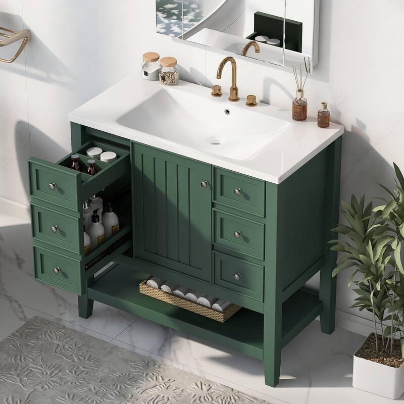 36-Inch Bathroom Vanity Set with Integrated Sink‌ – Features One Cabinet, Three Drawers, and Durable Solid Wood/MDF Construction