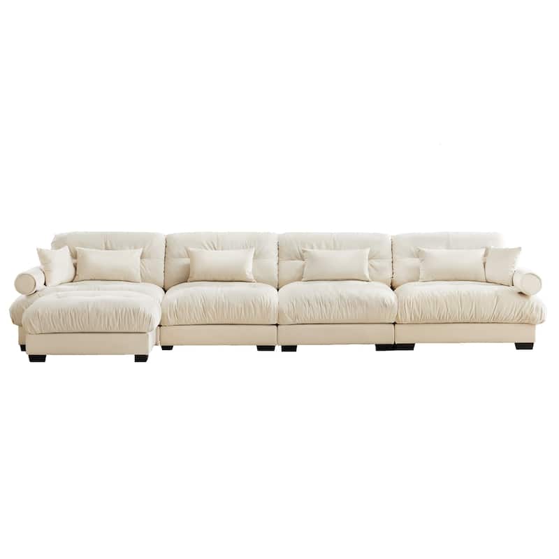 L Shaped Modular Sofa Convertible Deep Seat Sectional Couch w/Ottoman - Cream