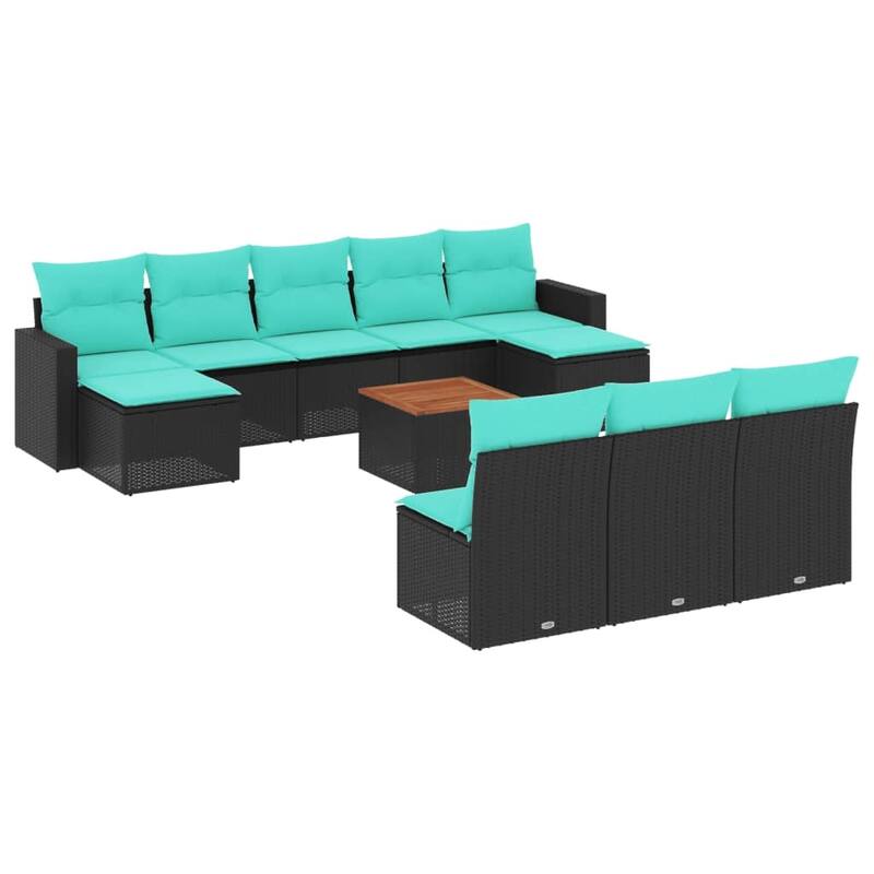 vidaXL 11 Piece Patio Sofa Set with Cushions Black Poly Rattan - 21.7 x 24.4 x 27.2