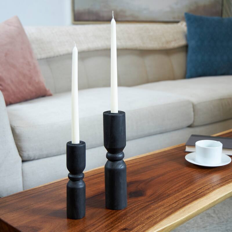 Black Wood Minimalistic Tapered Candle Holder (Set of 2) - Black