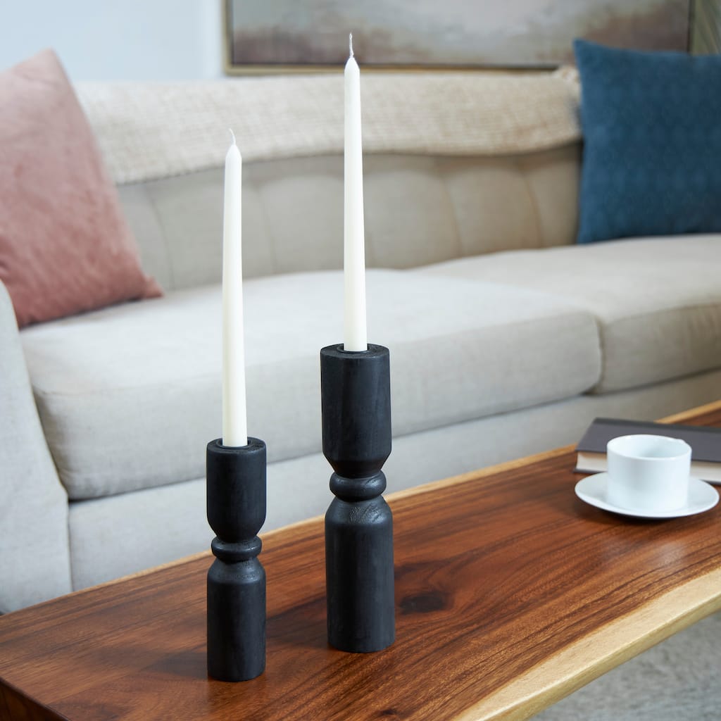 Black Wood Minimalistic Tapered Candle Holder (Set of 2)