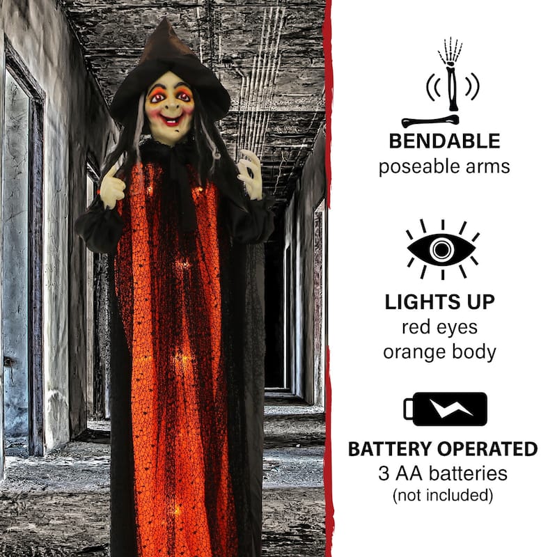 5.42-ft. Standing Witch, Indoor/Covered Outdoor Halloween Decoration, LED Red Eyes, Poseable, Scarlet