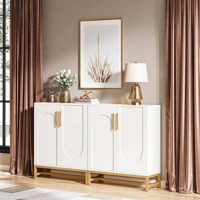 4-Door Sideboard Buffet, Faux Marble Storage Cabinet with Adjustable Shelf for Kitchen