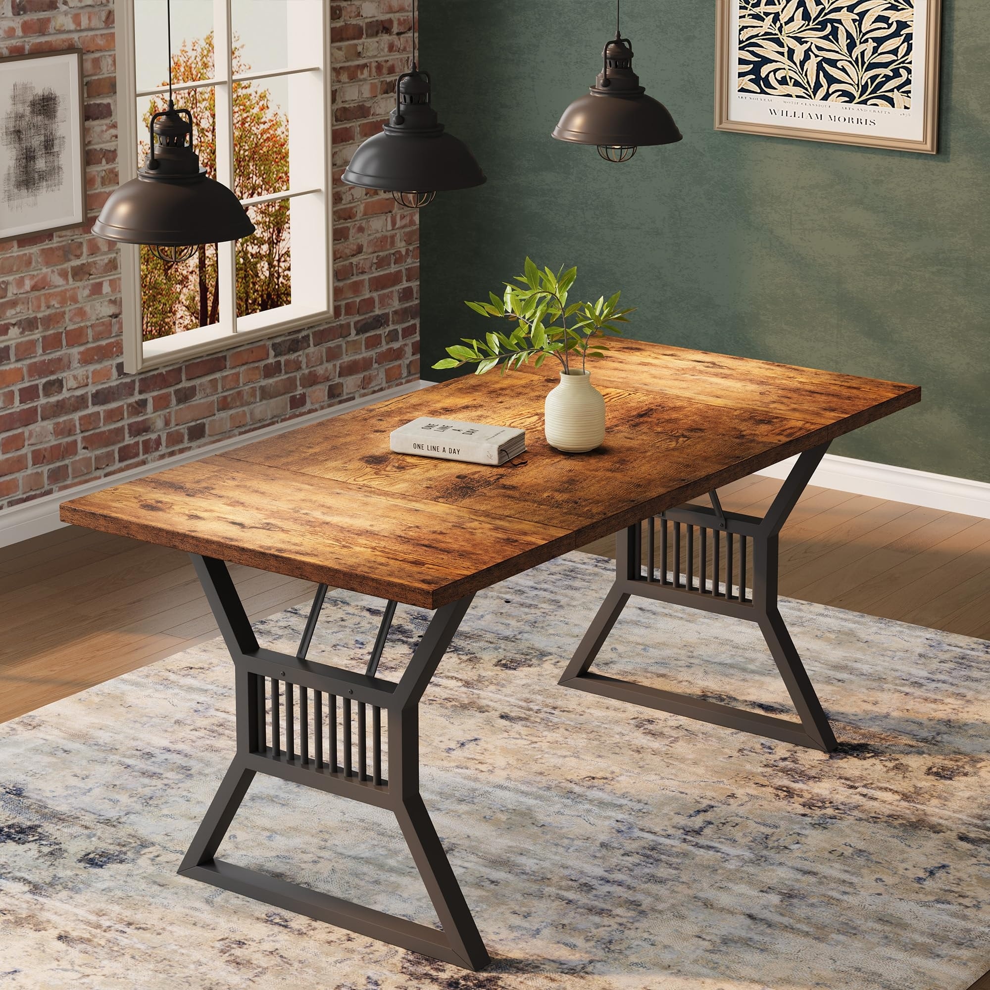 Farmhouse Rectangular Dining Table Seats 4-6 People Heavy Duty Wood Top & Metal Legs Rustic Kitchen & Dining Room Table