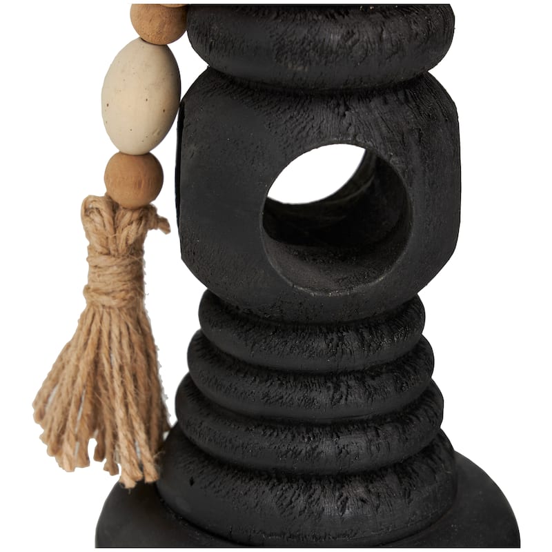 Black Wood Handmade Textured Matte Candle Holder with Beaded Garland Accent (Set of 3)
