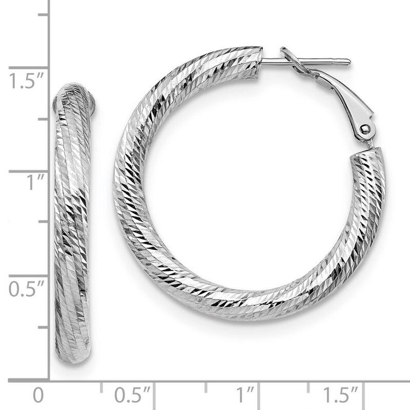 Curata 14k 4x25 White Gold Sparkle Cut Round Omega Back Hoop Earrings - 33.66x33.37mm Wide 4mm Thi