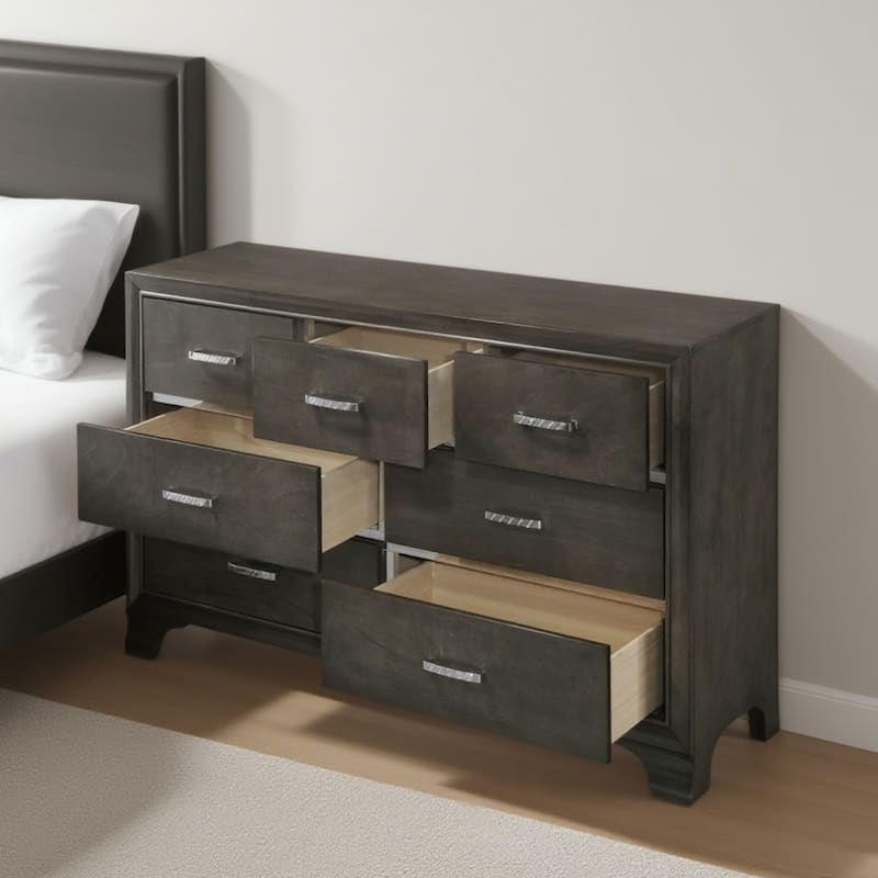 Wood Bedroom 7 Drawers Chest, Grey Finish Storage Dresser, No Assembly - 7-drawer