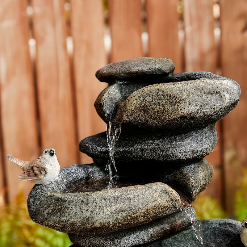 Glitzhome 21"H Zen-Style Faux Stone Birdbath Outdoor Fountain with Birds & LED Light