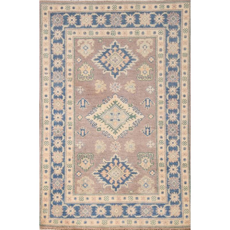 Geometric Kazak Oriental Accent Rug Handmade Brown Wool Carpet - 2'8" x 4'2"