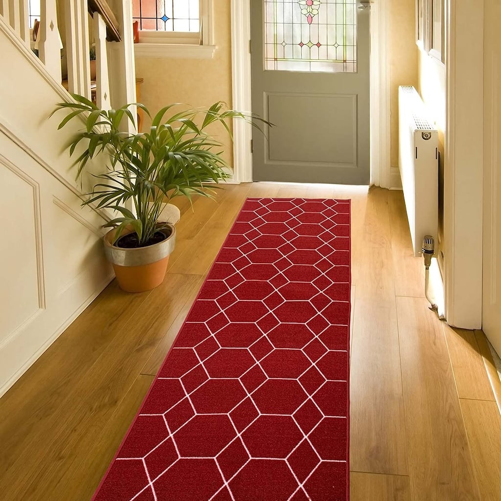 Custom Size Hexagon Red 26 Inch Wide Non-Slip Stair Runner Rug