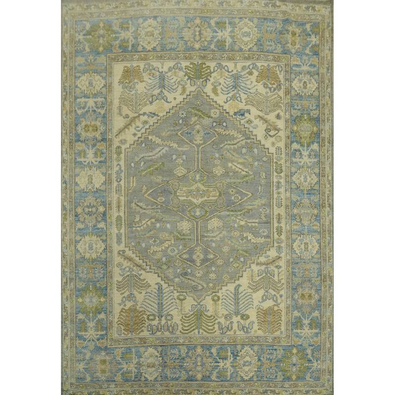 Handmade Gray Oushak Vegetable Dye Area Rug, Medallion Geometric Carpet - 9' 8'' X 8' 3''