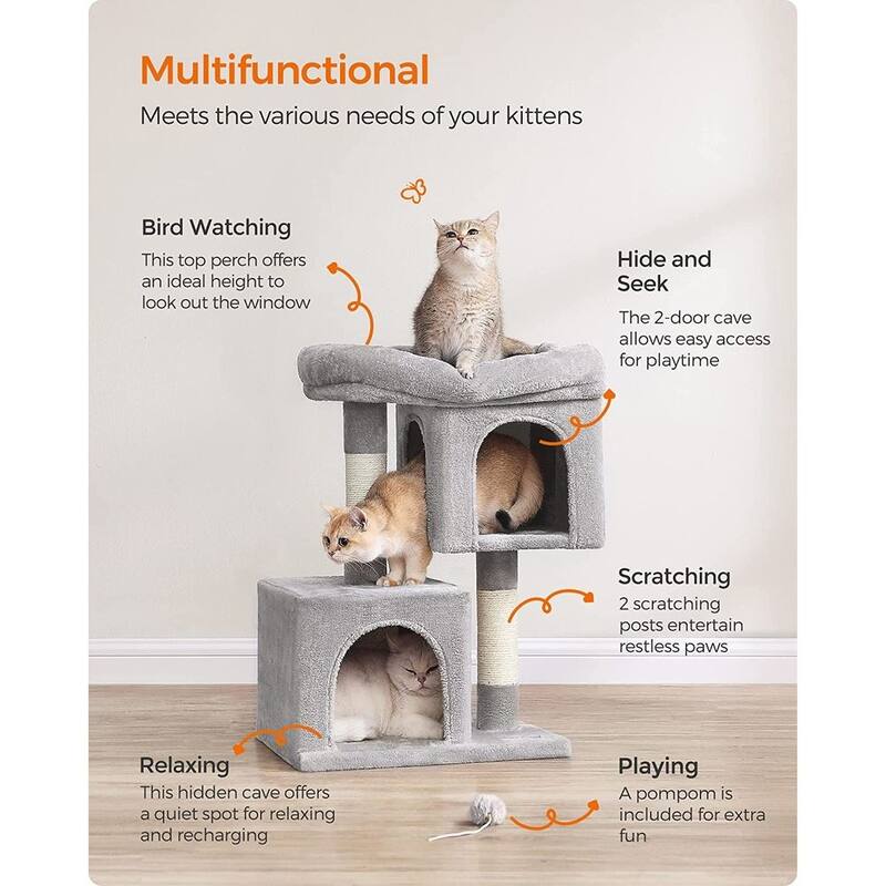 Plush Multi-Level Cat Tower with 2 Spacious Cat Caves and Scratching Posts