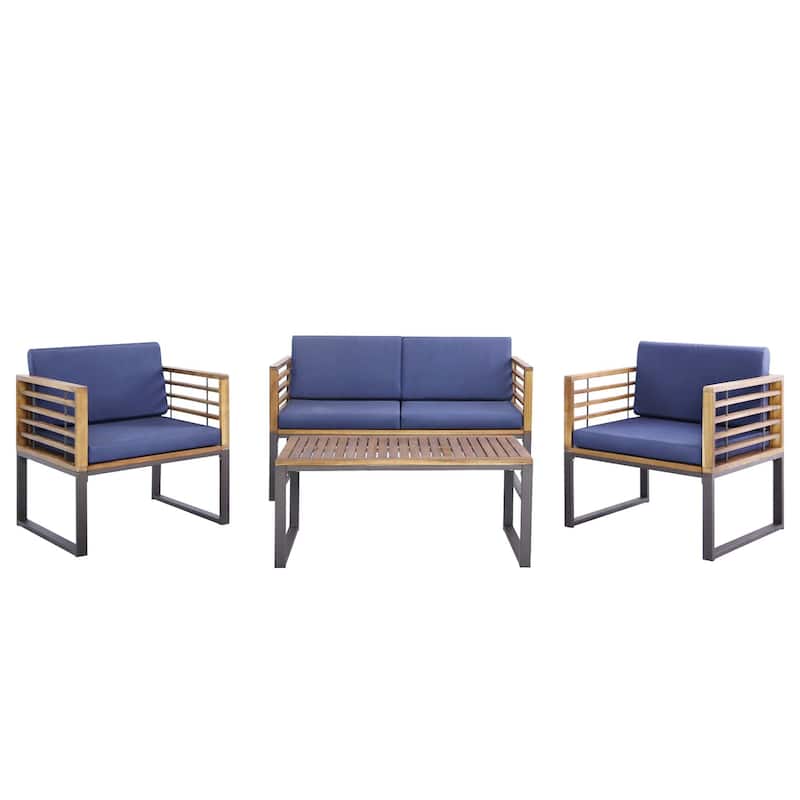 4pcs Patio Acacia Wood Chair Table Loveseat Cushioned Furniture Set - Black, Natural, Navy