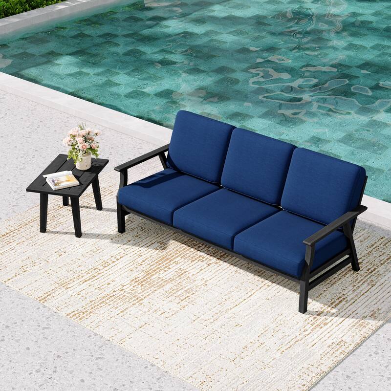2-Piece Teak Outdoor Sofa Set with Table - Navy/side table - Black Wood