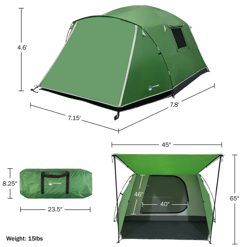 4 Person Camping Tent - Water-Resistant Outdoor Shelter with Attached Porch Canopy and Carrying Bag by Wakeman Outdoors (Green)