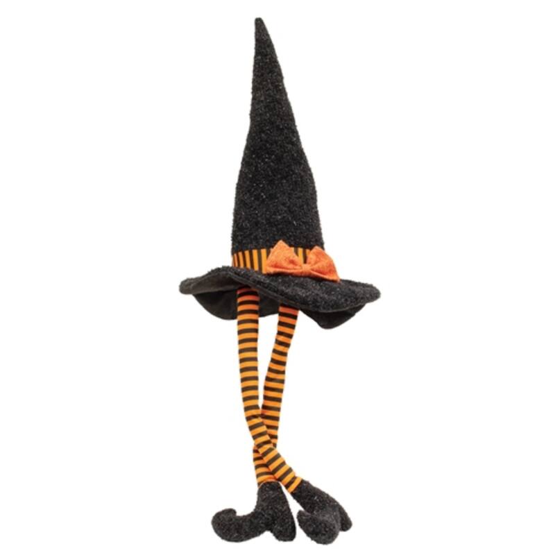 Witch Hat with Dangle Legs Halloween Figurine Black Felt Spooky Tabletop Shelf Décor 36 Inch - 36” high by 13” wide - Black