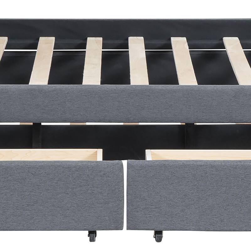 Stylish Linen Fabric Upholstered Platform Bed with Two Drawers and a Trundle Bed