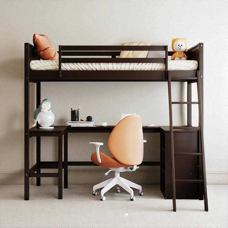 Twin Size Loft Bed with Shelves and Desk, Wooden Frame with Sturdy Ladder and Guardrails - Espresso - Twin