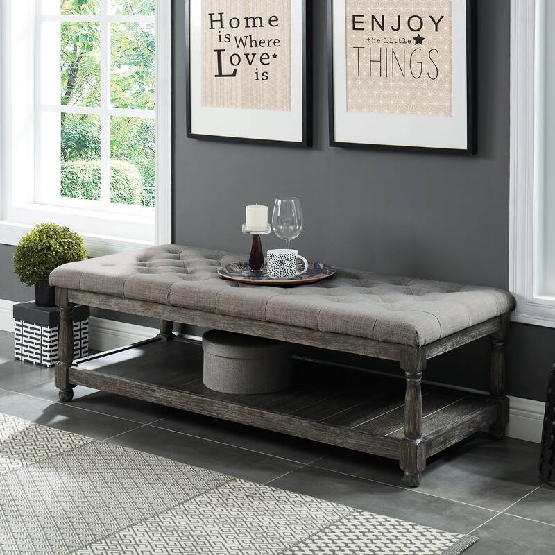 Linen and Wood Bench with Open Shelf