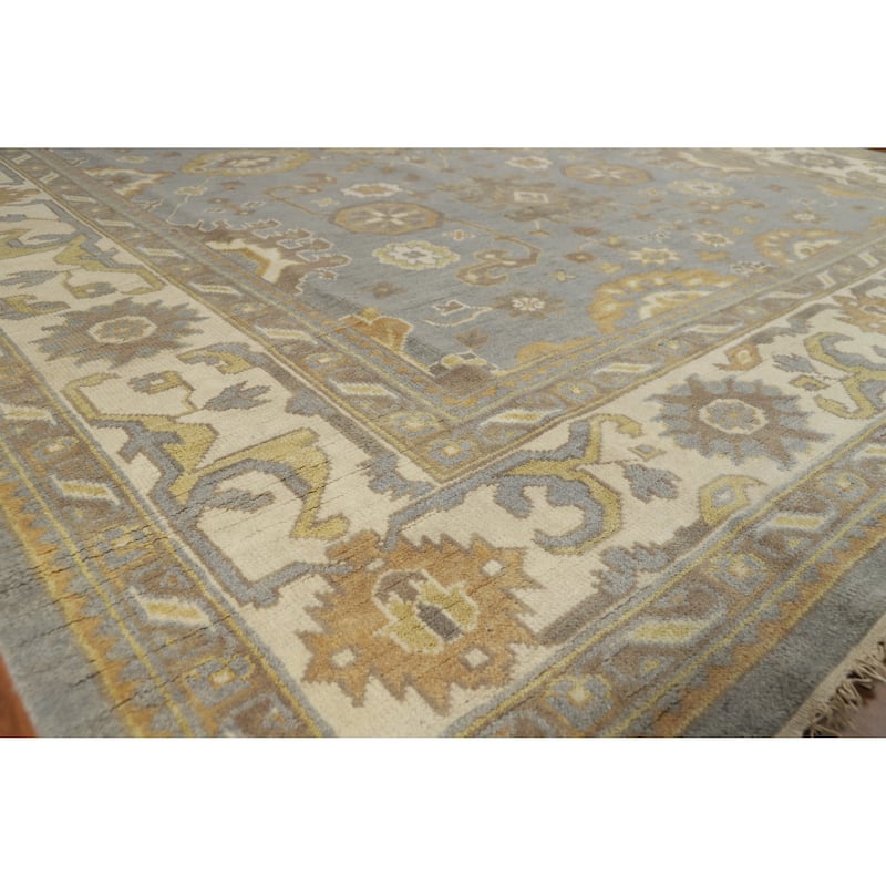 Light Blue & Ivory Oushak Indian Area Rug Handmade Wool Carpet - 9'1" x 11'11" - Blue - 9'1" x 11'11"
