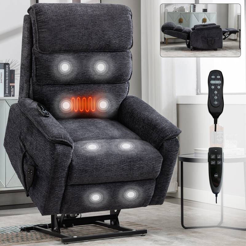 Chenille Dual Motor Infinite Power Lift Recliner Chair with Power-Remote, Heat Massage and Heavy Duty Motion Mechanism - Grey