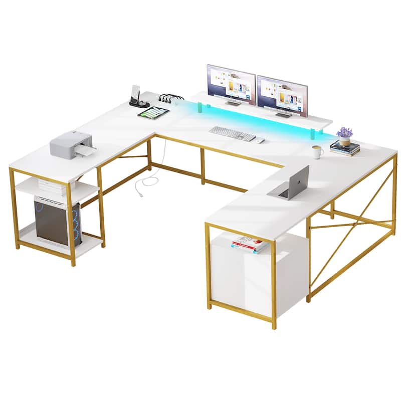 Moasis U Shaped Reversible Computer Desk with Drawers and Storage Shelves LED Ofiice Desk - White