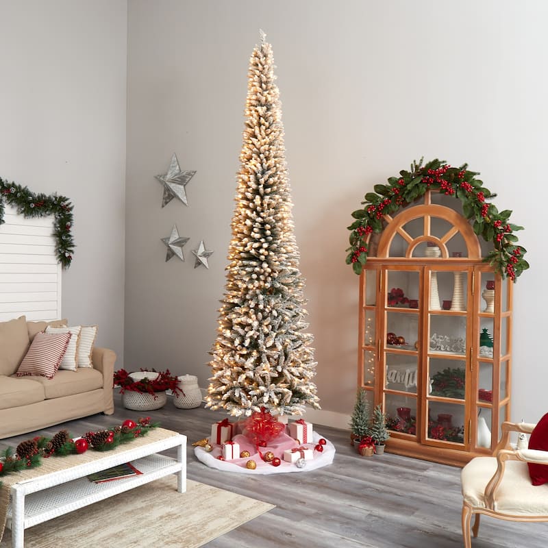 12 Ft Pencil Christmas Tree with Lights - Natural Beauty Artificial Tree, 1000 Clear Lights, Bendable Branches - Green - 144